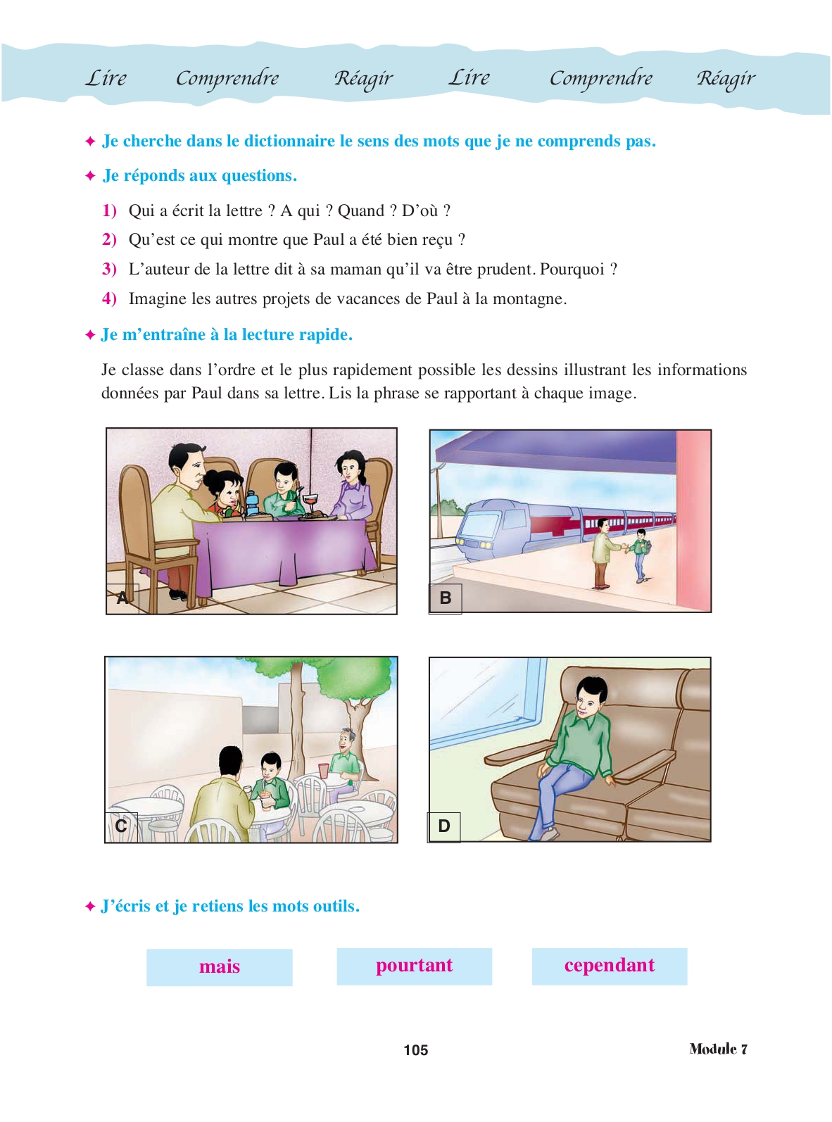 Page 105 du manuel : questions de compréhension et lecture rapide